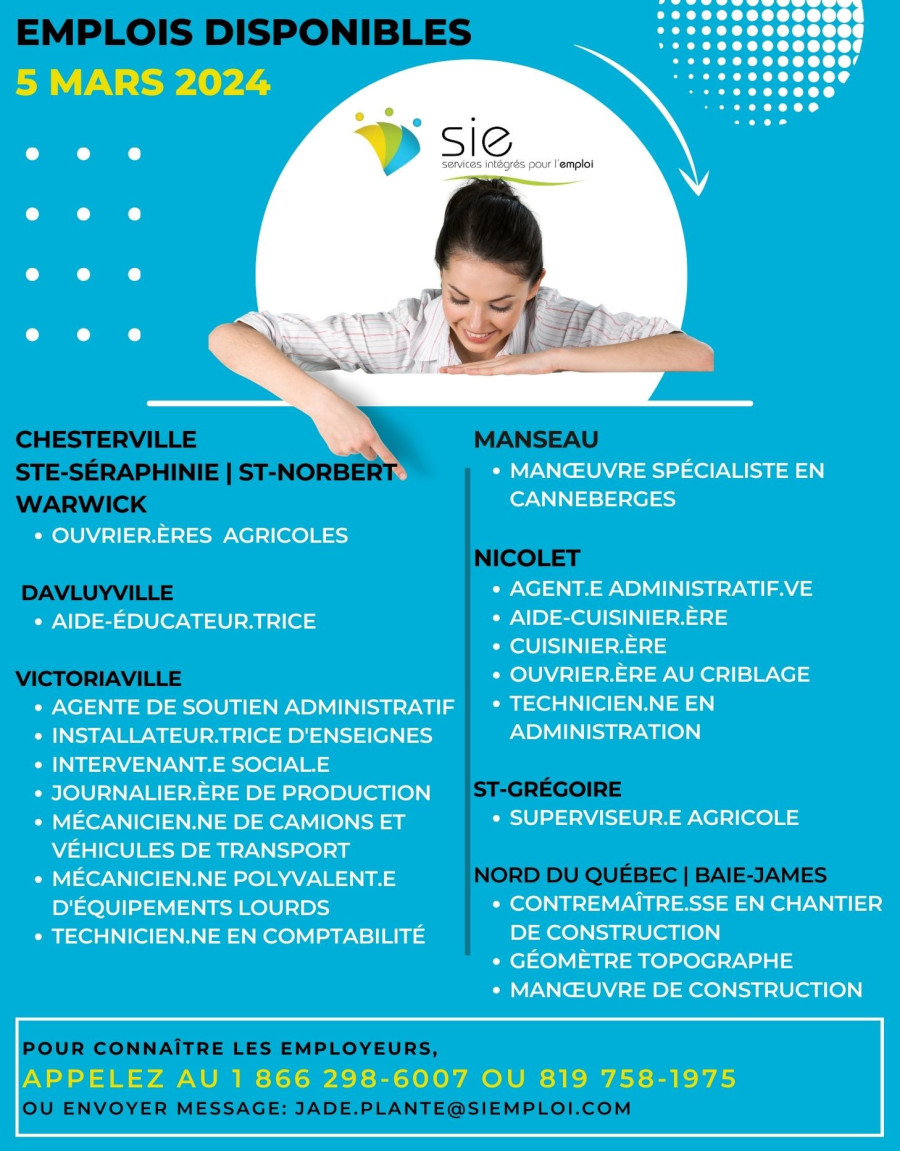 DES EMPLOIS POUR VOUS ! 5 mars 2024