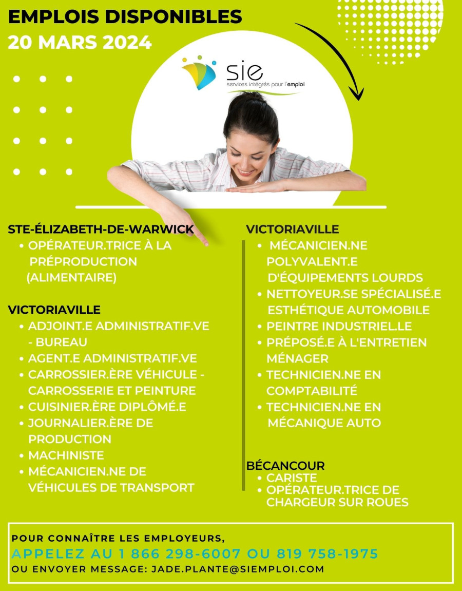 EMPLOIS DISPONIBLES ! Ce 20 MARS 2024