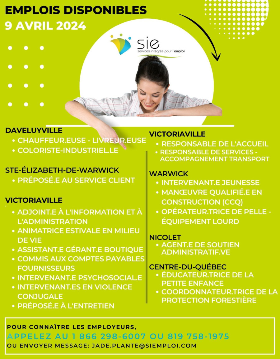 DES EMPLOIS POUR VOUS ! CE 9 AVRIL 2024