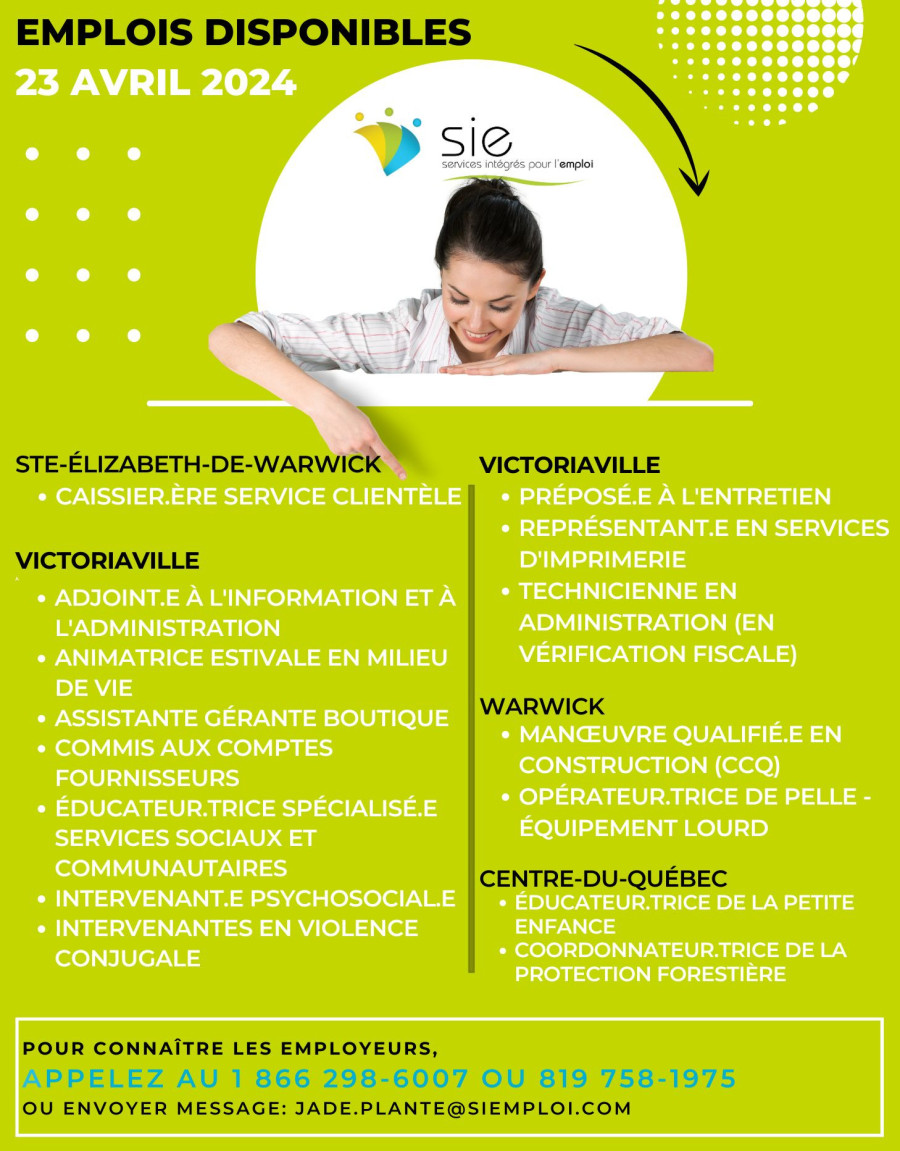DES EMPLOIS POUR VOUS ! CE 23 AVRIL 2024